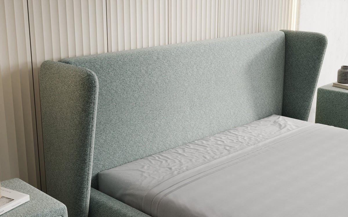 Designer upholstered bed Rosalie in textured fabric with storage