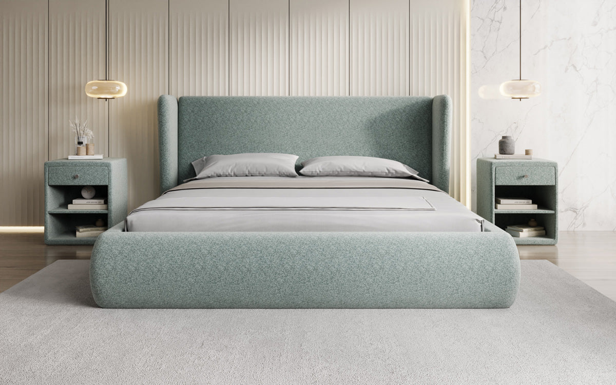 Designer upholstered bed Rosalie in textured fabric with storage