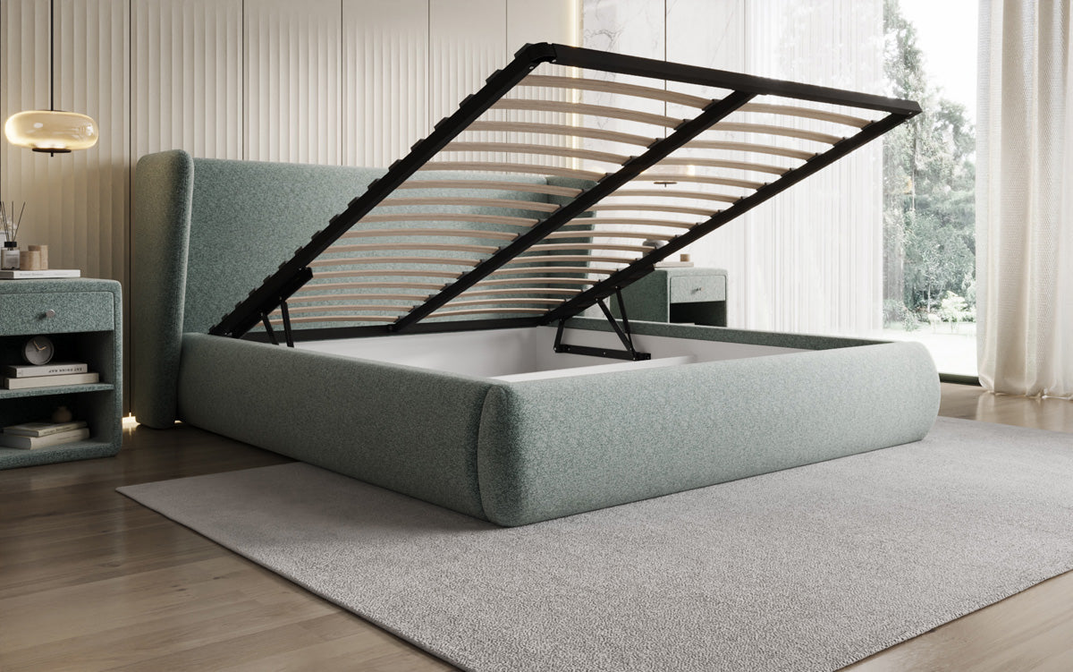 Designer upholstered bed Rosalie in textured fabric with storage