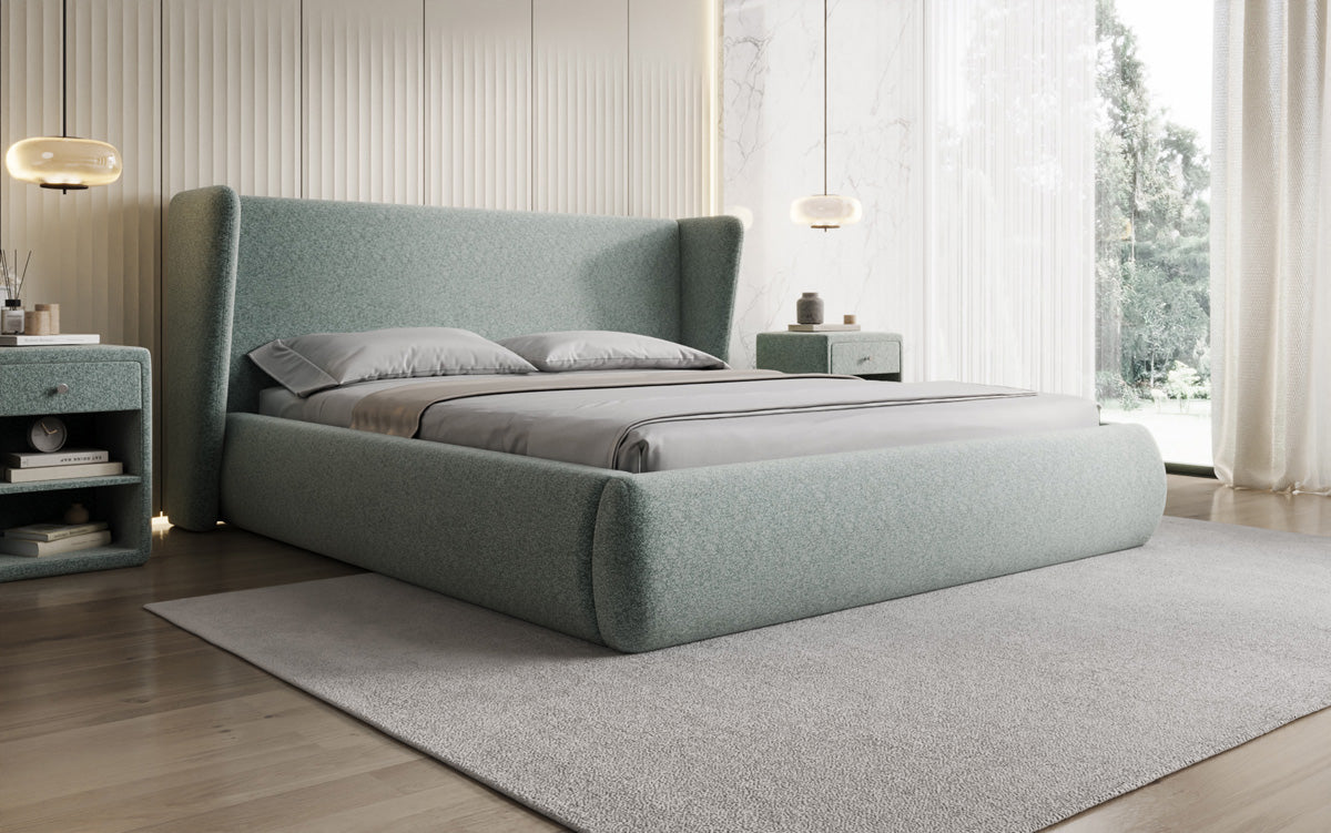 Designer upholstered bed Rosalie in textured fabric with storage