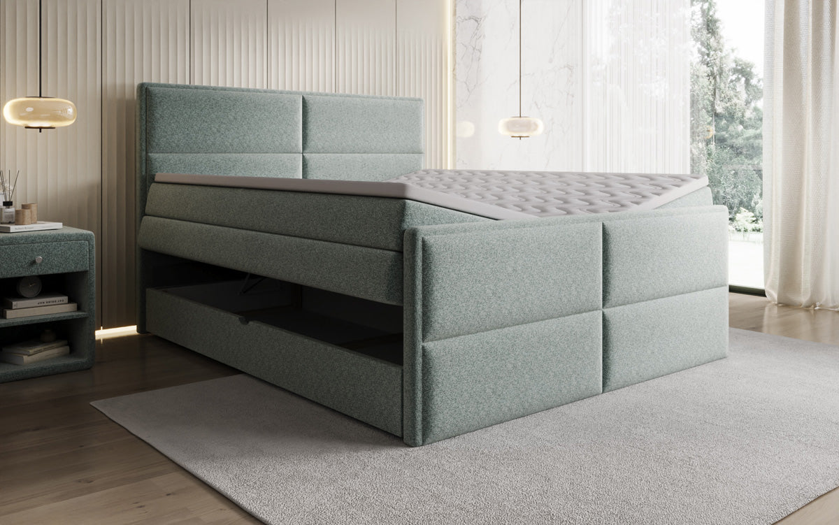 Viola box spring bed in textured fabric with storage