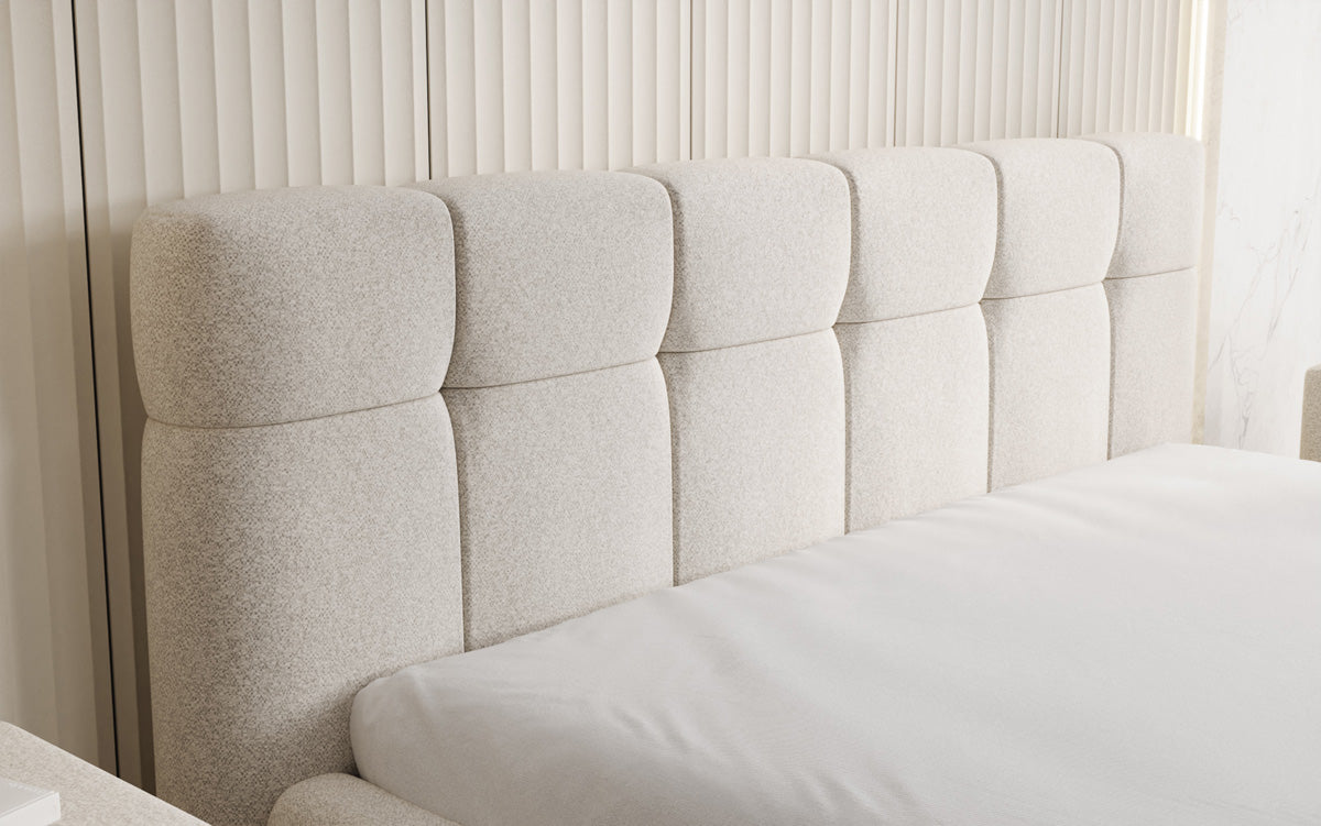Designer upholstered bed Helena in textured fabric with storage