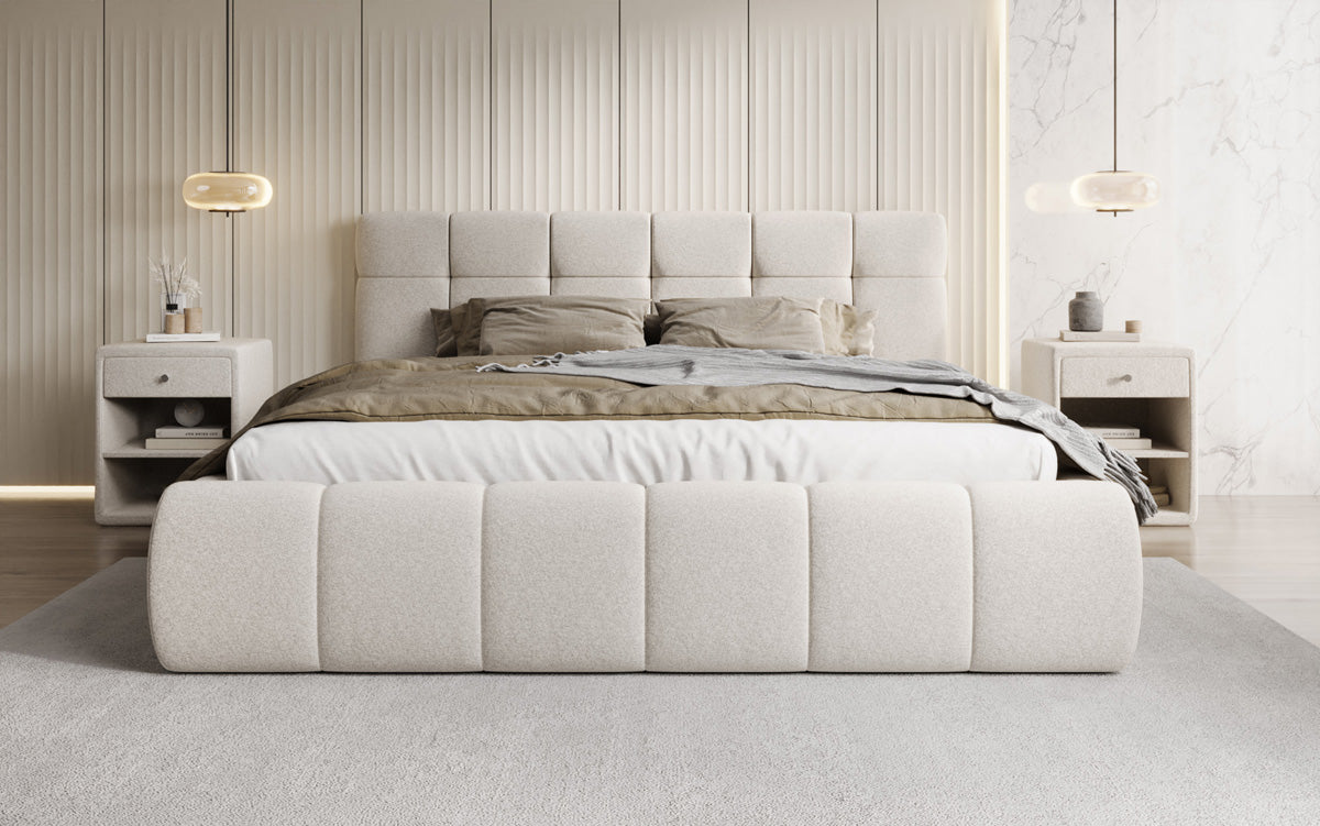 Designer upholstered bed Helena in textured fabric with storage