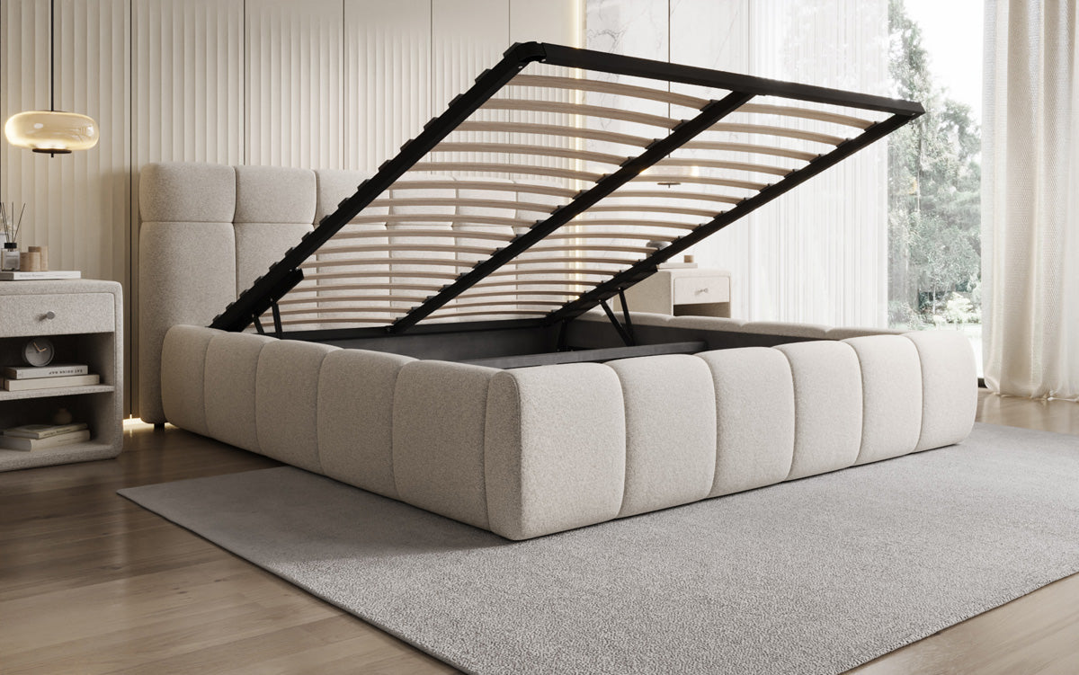 Designer upholstered bed Helena in textured fabric with storage