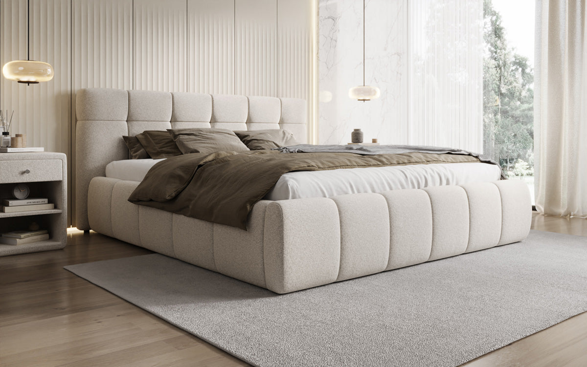 Designer upholstered bed Helena in textured fabric with storage