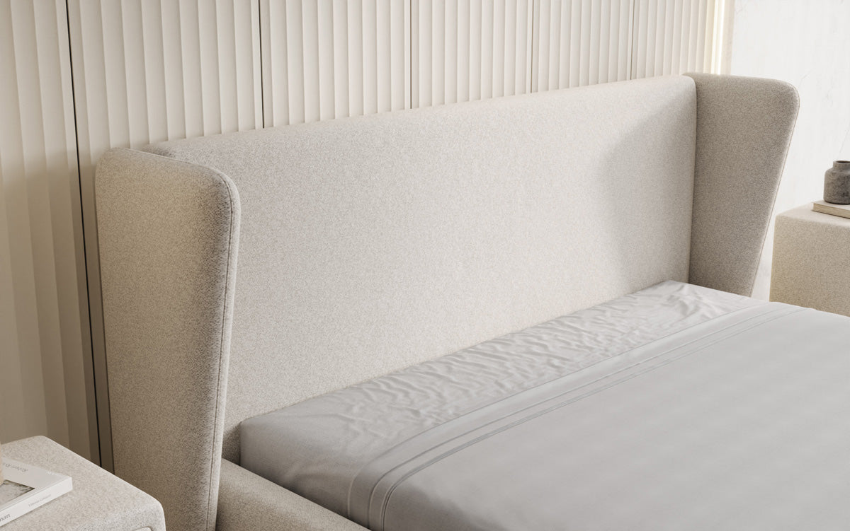 Designer upholstered bed Rosalie in textured fabric with storage