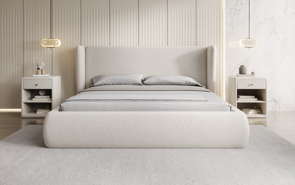Designer upholstered bed Rosalie in textured fabric with storage