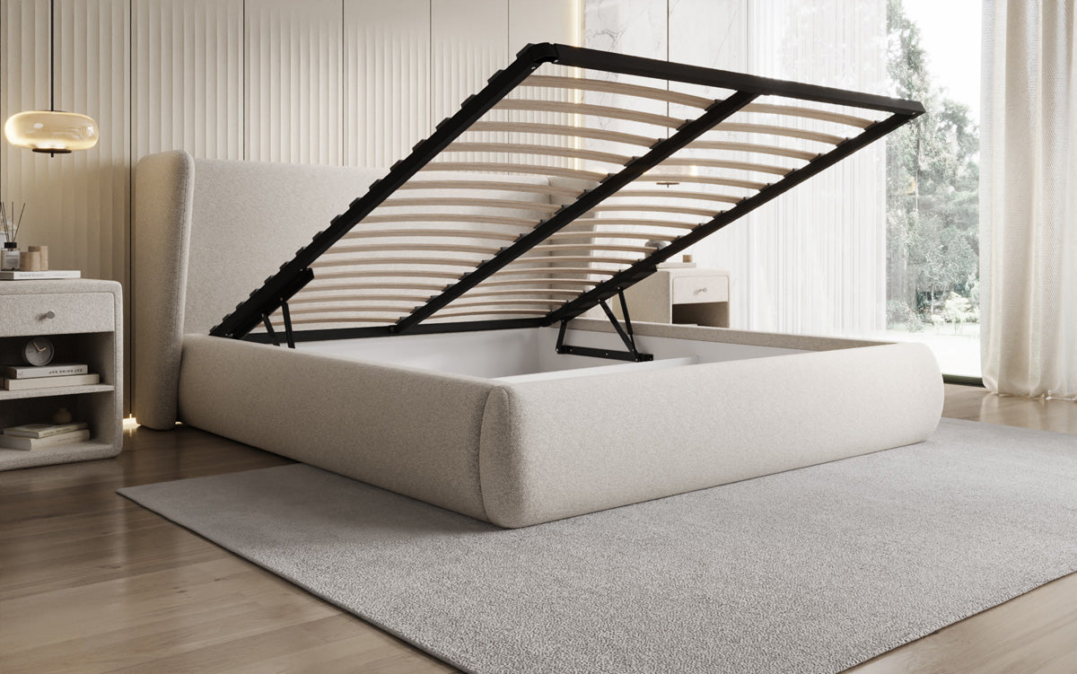 Designer upholstered bed Rosalie in textured fabric with storage
