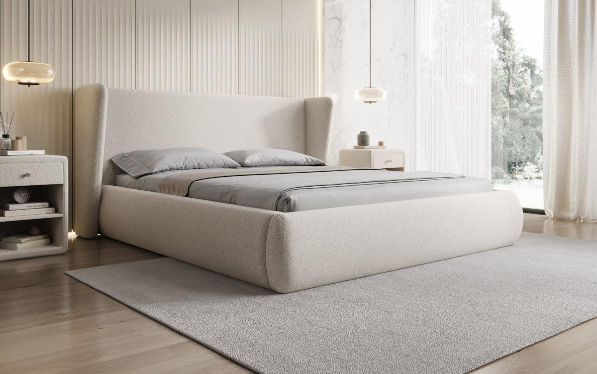 Designer upholstered bed Rosalie in textured fabric with storage