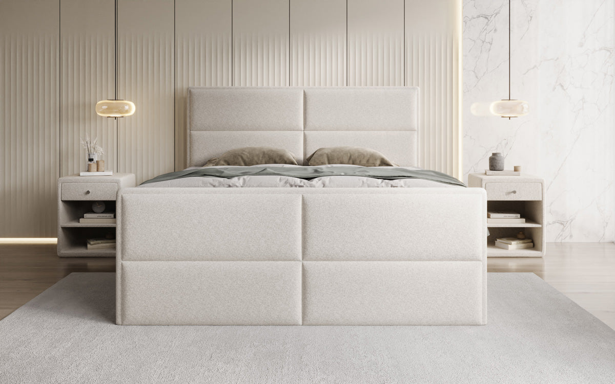 Viola box spring bed in textured fabric with storage
