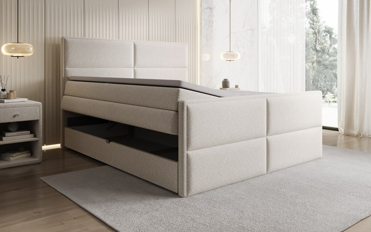 Viola box spring bed in textured fabric with storage