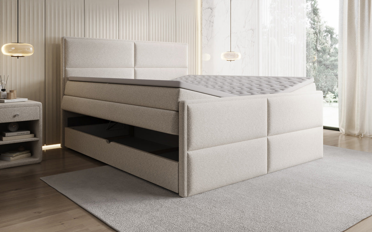Viola box spring bed in textured fabric with storage