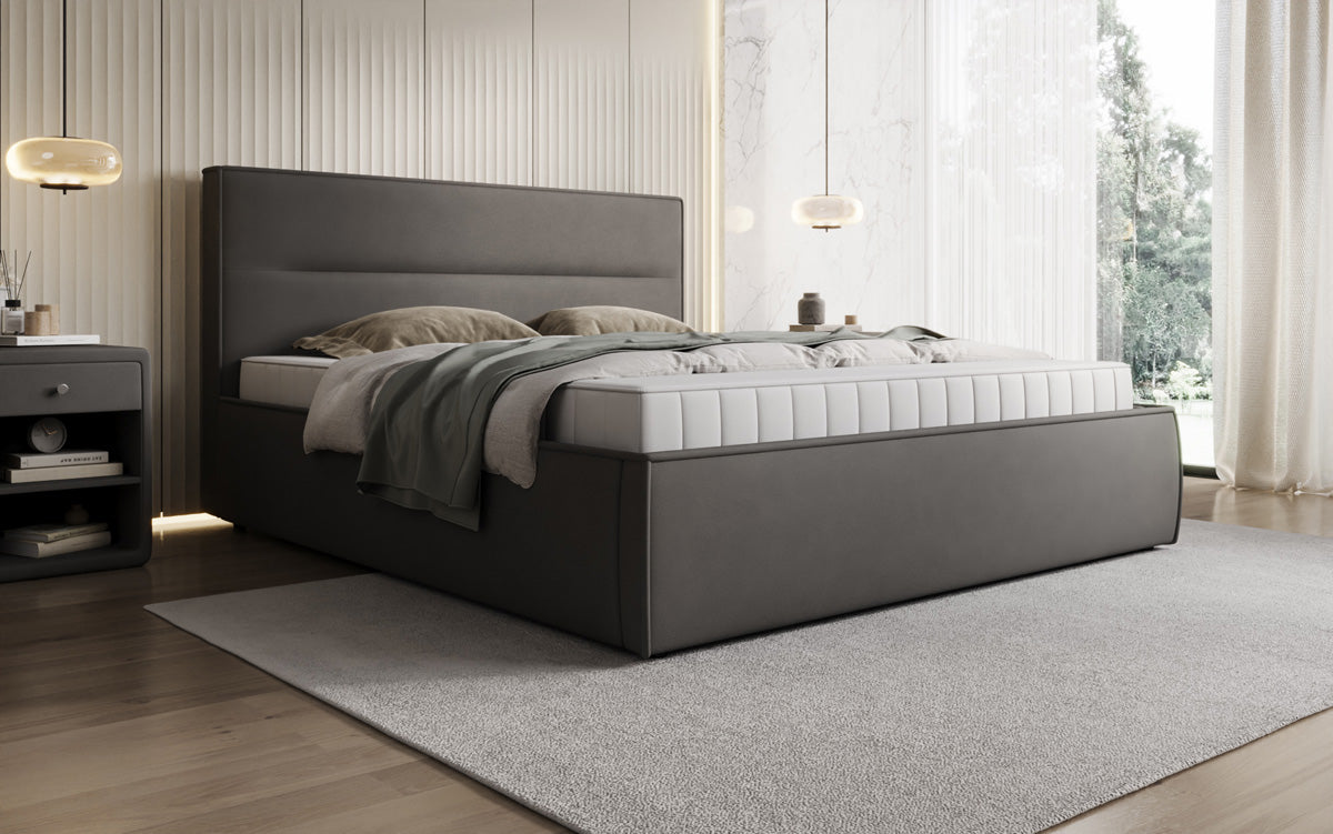 Designer upholstered bed Merry in fabric with storage