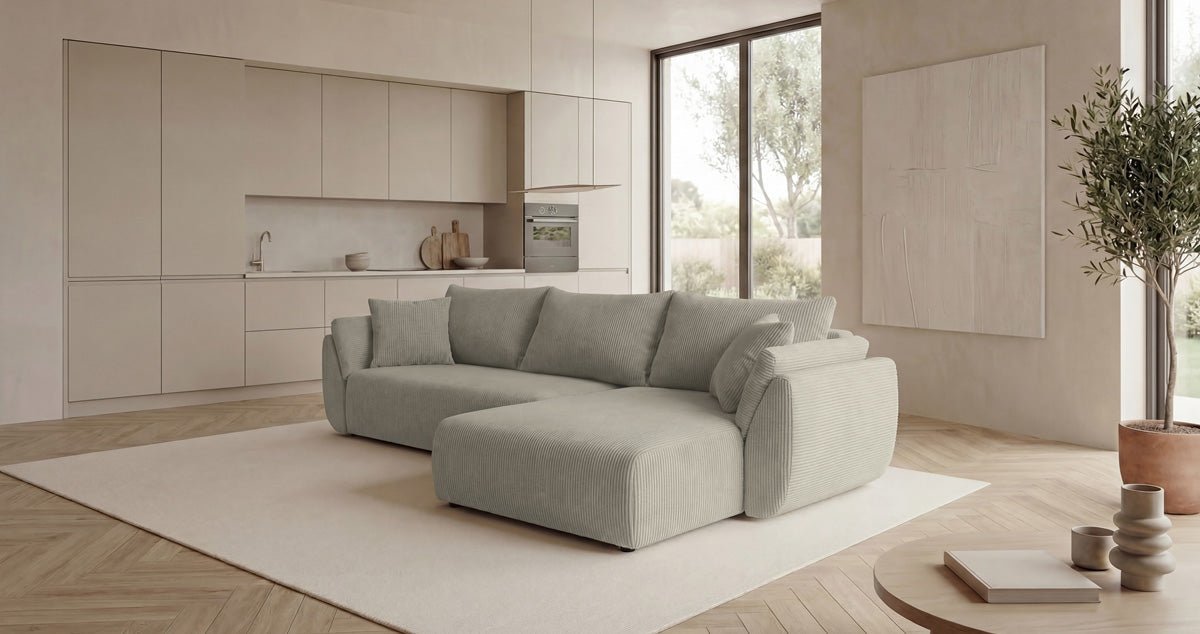 Designer Sofa Lenoa L with Sleeping and Folding Function in Corduroy