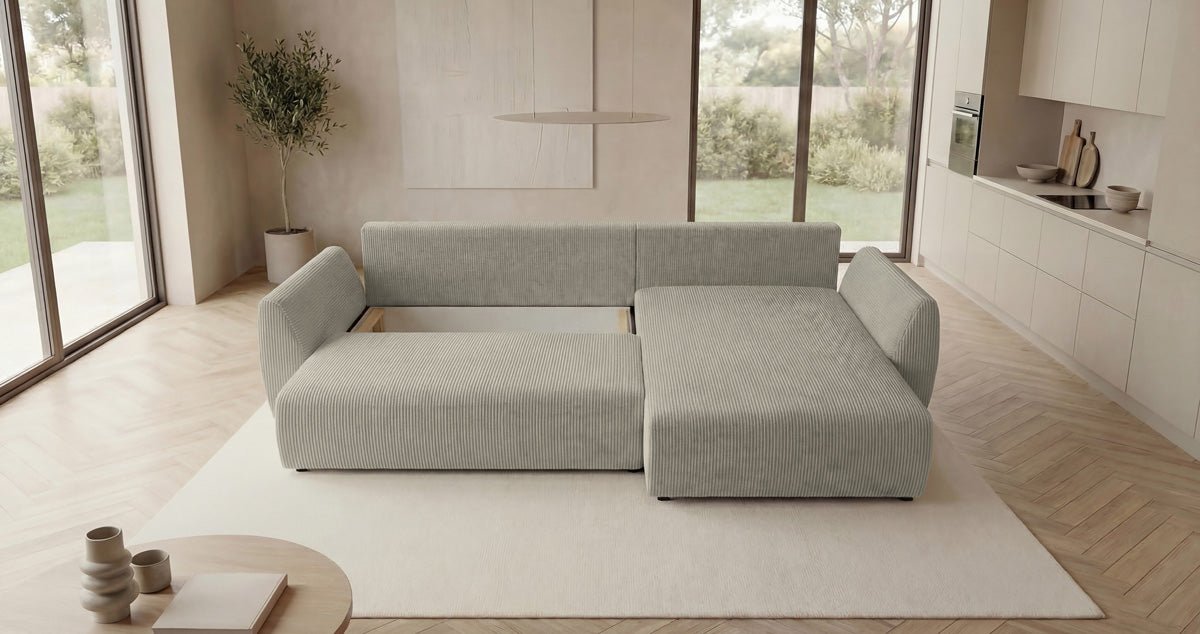 Designer Sofa Lenoa L with Sleeping and Folding Function in Corduroy