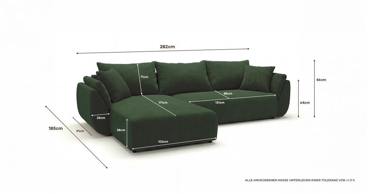 Designer Sofa Lenoa L with Sleeping and Folding Function in Corduroy