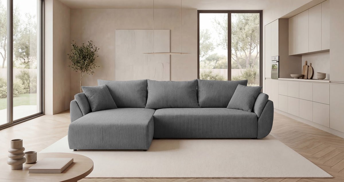 Designer Sofa Lenoa L with Sleeping and Folding Function in Corduroy