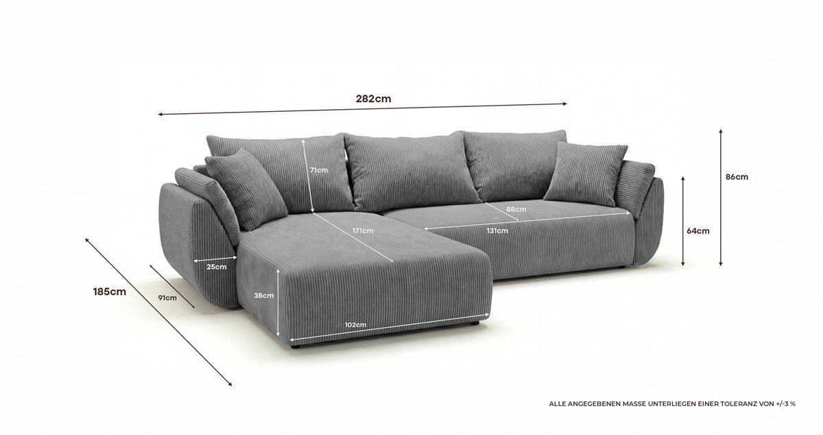 Designer Sofa Lenoa L with Sleeping and Folding Function in Corduroy