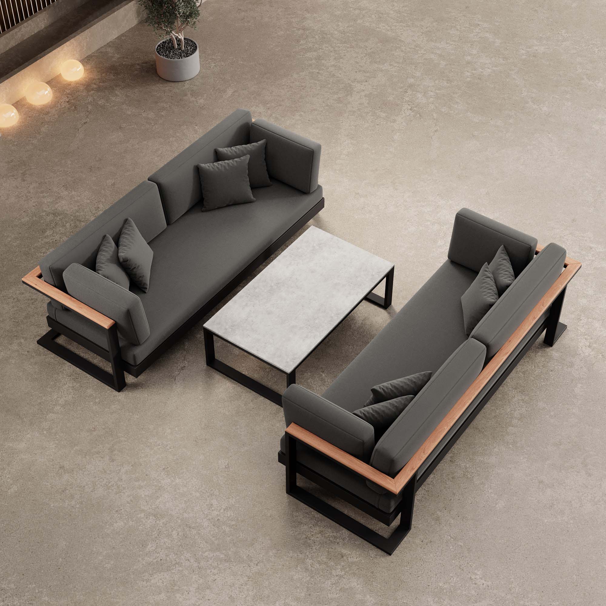 Vayla – 2 Zweisitzer & Tisch aus schwarzem Aluminium | Aevora™ Kollektion