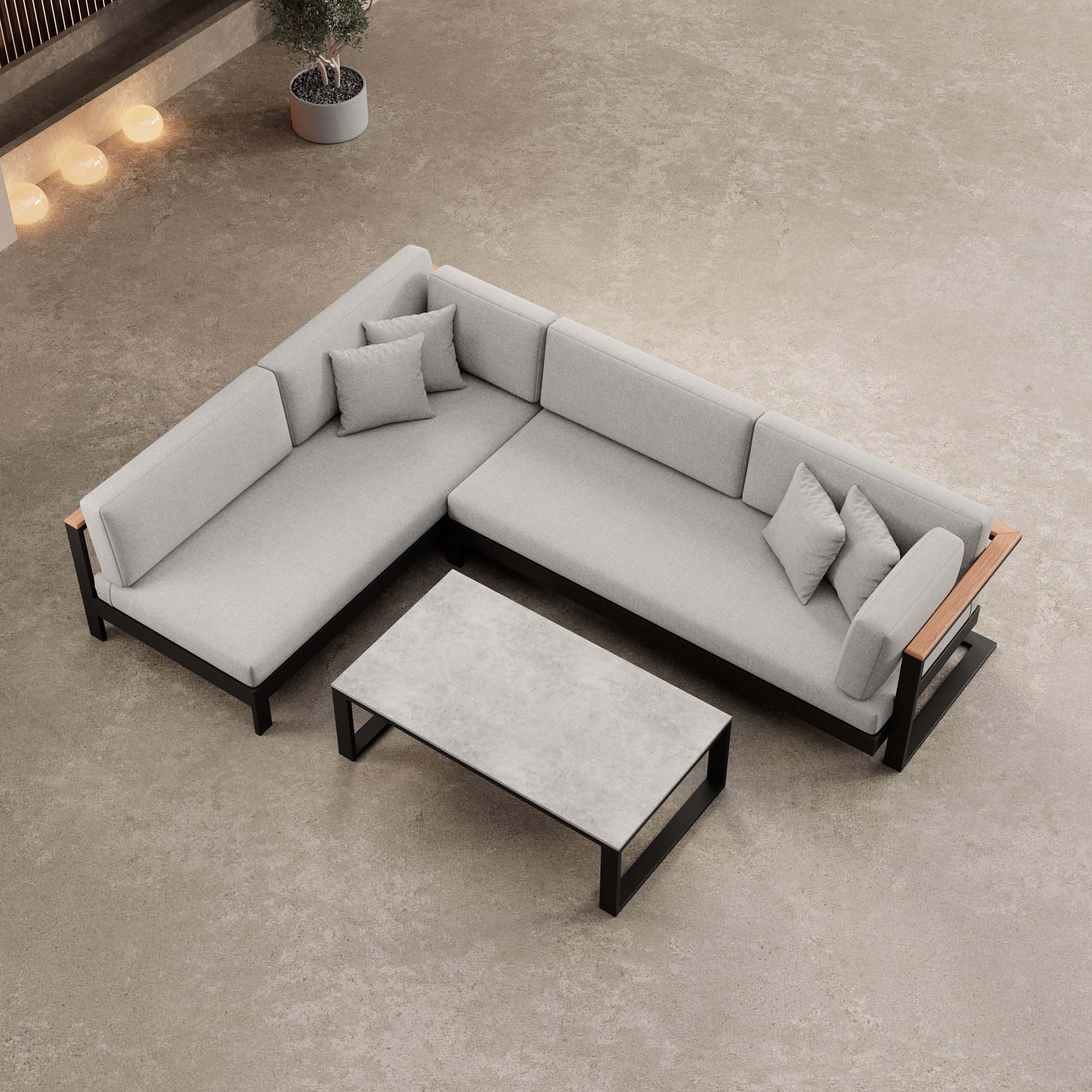 Vayla – Ecklounge, Ecksofa & Tisch aus schwarzem Aluminium | Aevora™ Kollektion