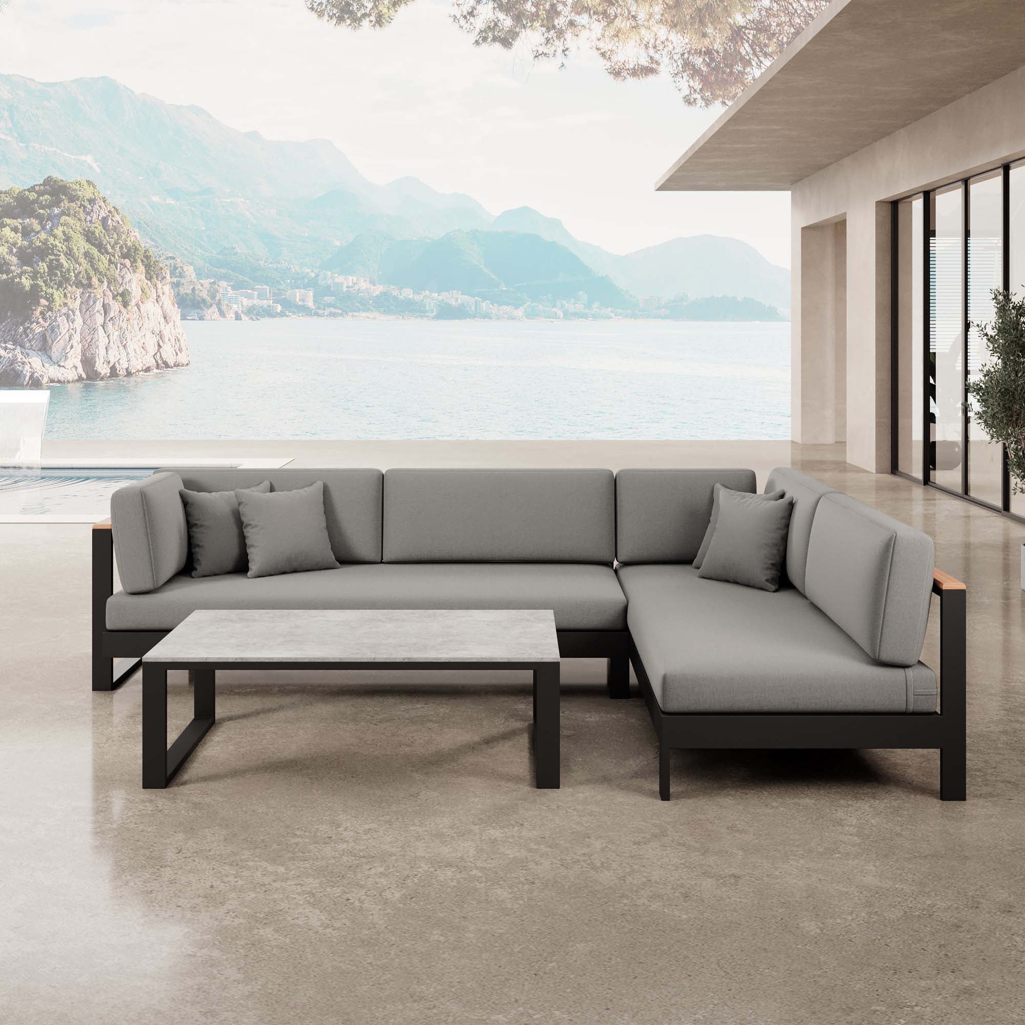 Vayla – Ecklounge, Ecksofa & Tisch aus schwarzem Aluminium | Aevora™ Kollektion
