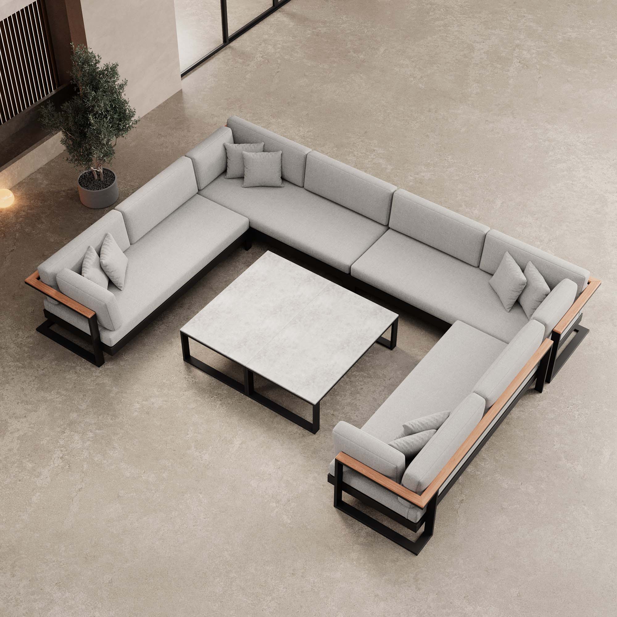 Vayla – Wohnlandschaft in U-Form mit Tisch aus schwarzem Aluminium | Aevora™ Kollektion