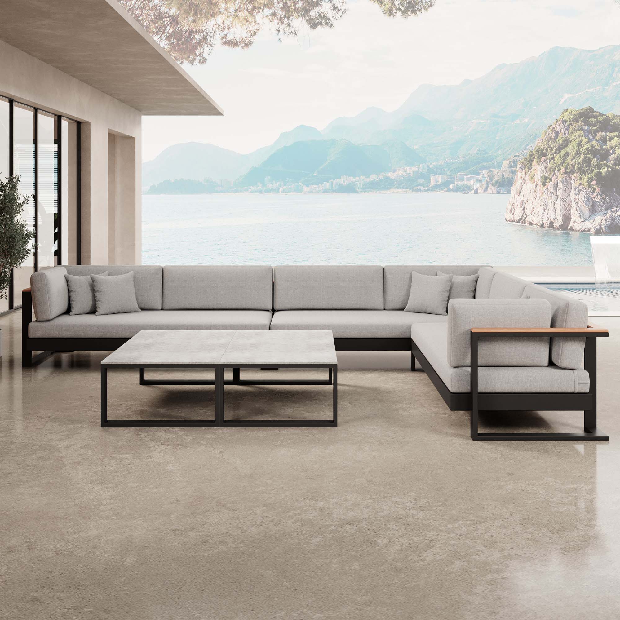 Vayla – Wohnlandschaft mit Doppeltisch & Ecksofa aus schwarzem Aluminium | Aevora™ Kollektion