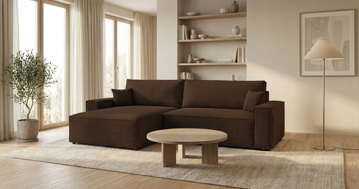Designer Sofa Vienna with Sleeping and Fold-Out Function in Corduroy