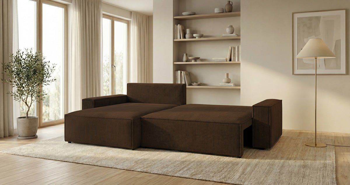 Designer Sofa Vienna with Sleeping and Fold-Out Function in Corduroy