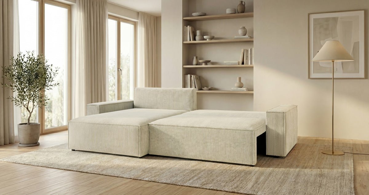 Designer Sofa Vienna with Sleeping and Fold-Out Function in Corduroy