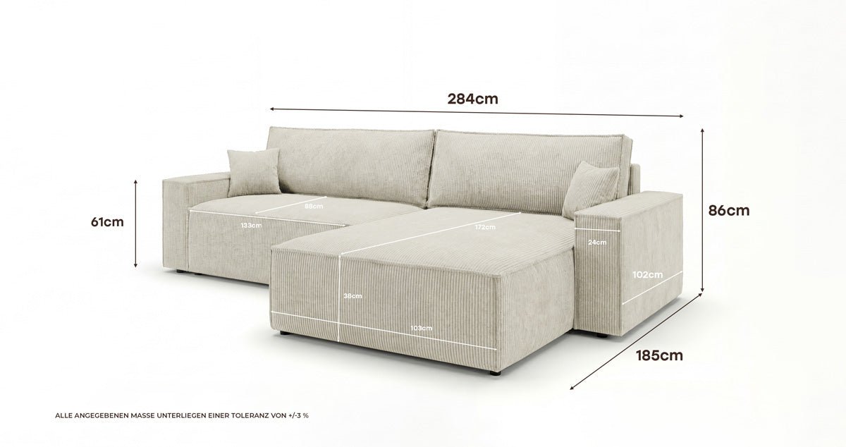 Designer Sofa Vienna with Sleeping and Fold-Out Function in Corduroy