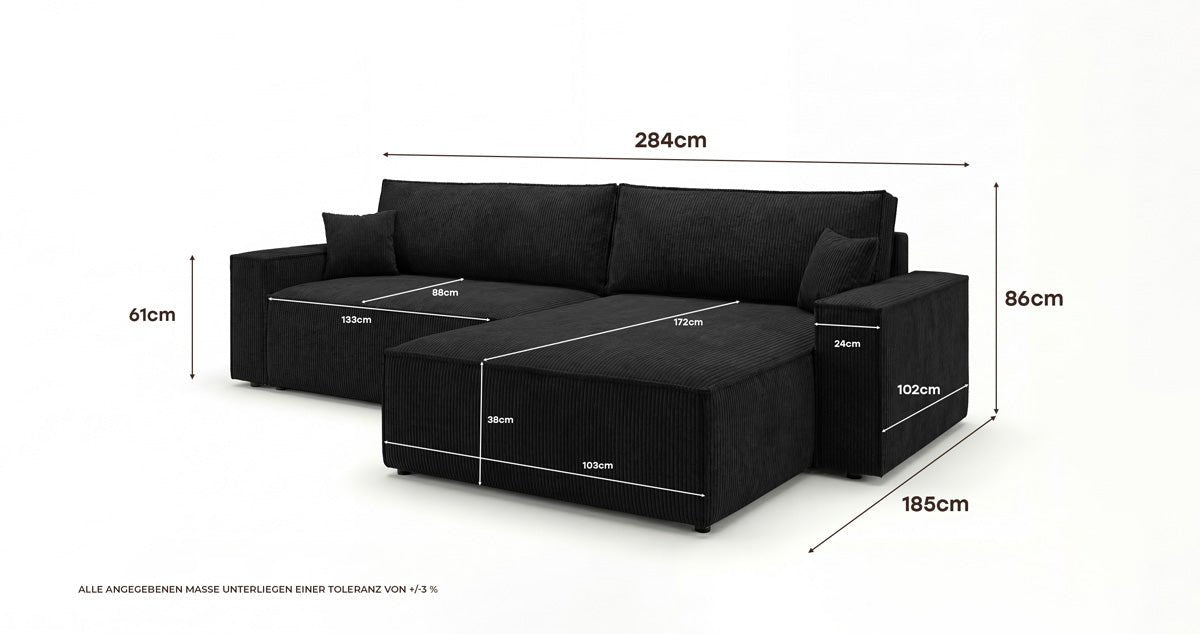 Designer Sofa Vienna with Sleeping and Fold-Out Function in Corduroy