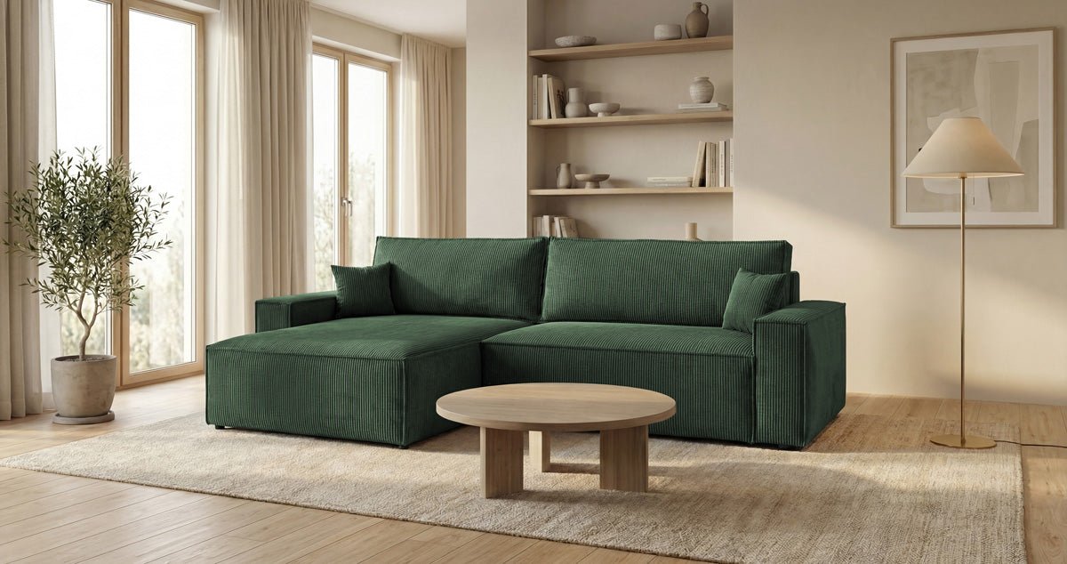Designer Sofa Vienna with Sleeping and Fold-Out Function in Corduroy