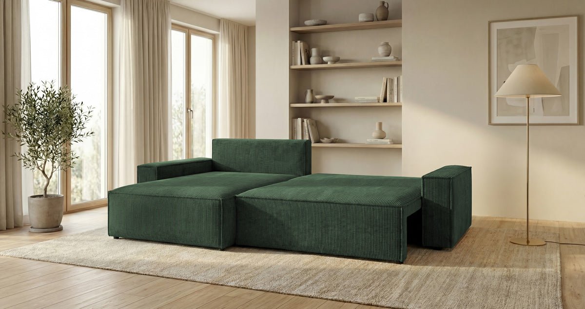 Designer Sofa Vienna with Sleeping and Fold-Out Function in Corduroy