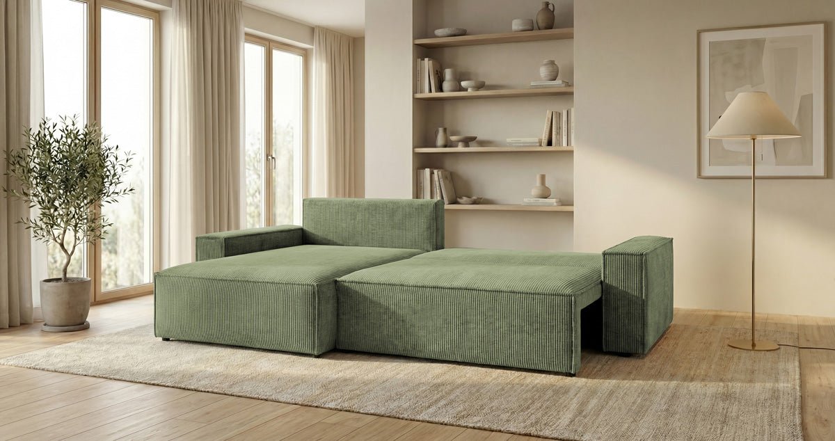 Designer Sofa Vienna with Sleeping and Fold-Out Function in Corduroy