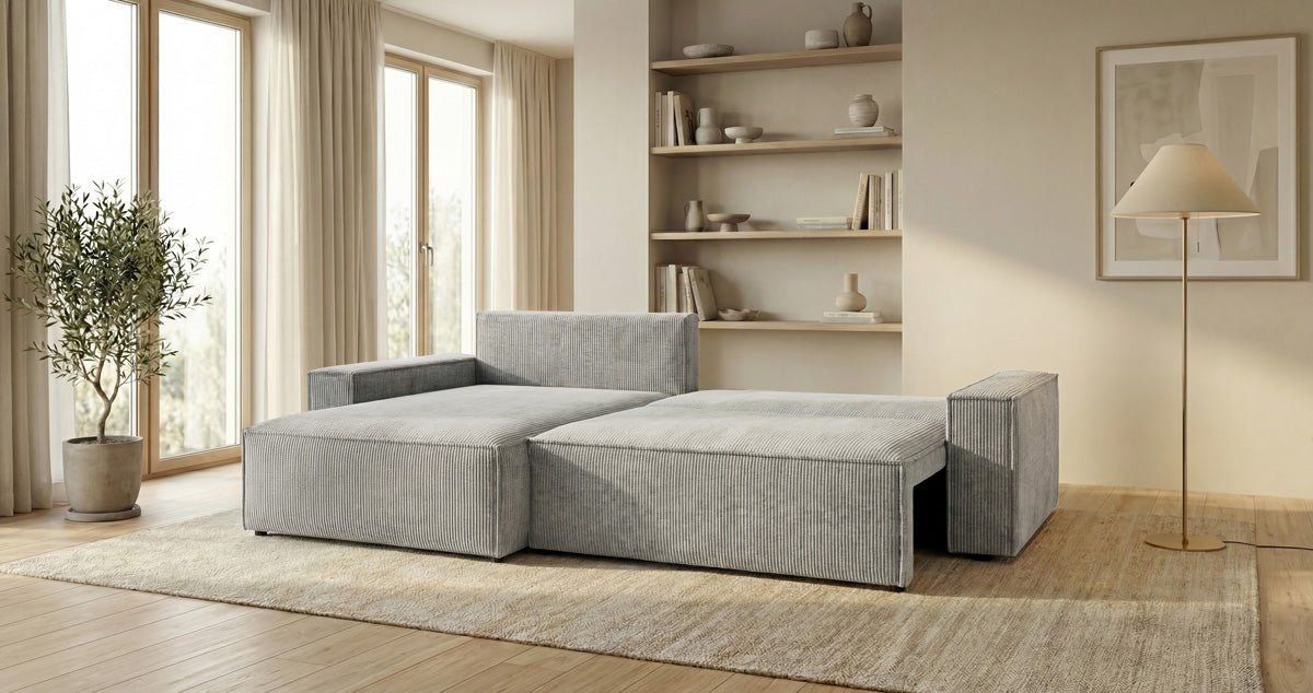 Designer Sofa Vienna with Sleeping and Fold-Out Function in Corduroy