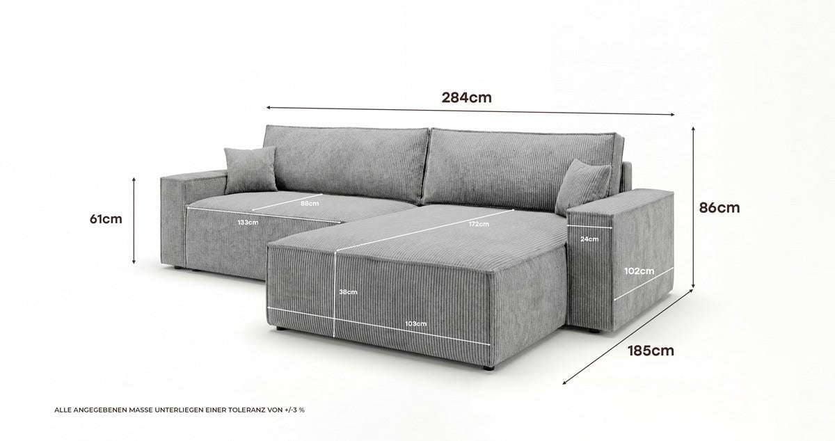 Designer Sofa Vienna with Sleeping and Fold-Out Function in Corduroy