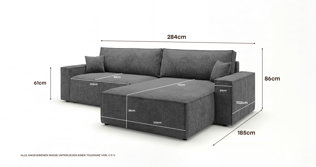 Designer Sofa Vienna with Sleeping and Fold-Out Function in Corduroy