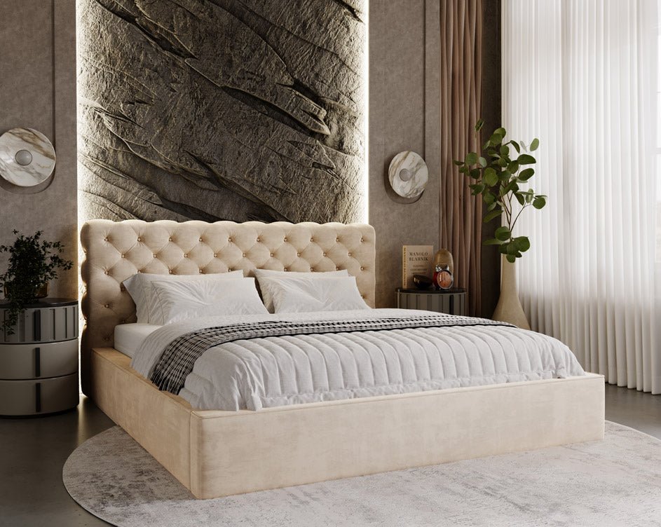 Designer upholstered bed Florentina in velvet with storage