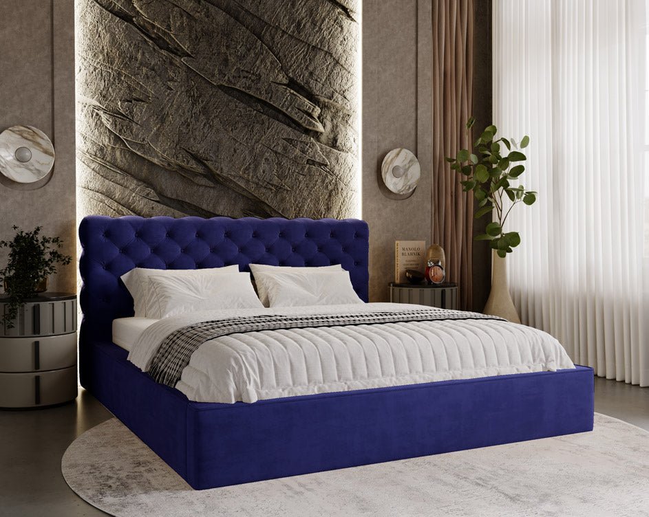 Designer upholstered bed Florentina in velvet with storage