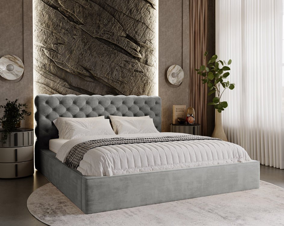 Designer upholstered bed Florentina in velvet with storage