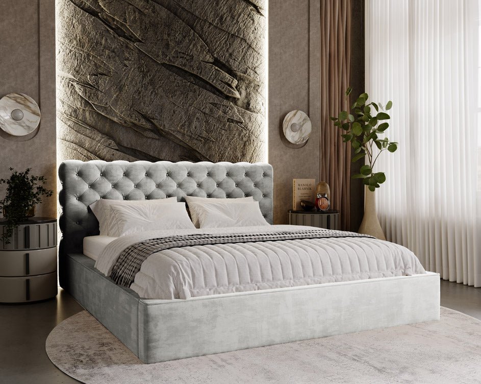 Designer upholstered bed Florentina in velvet with storage