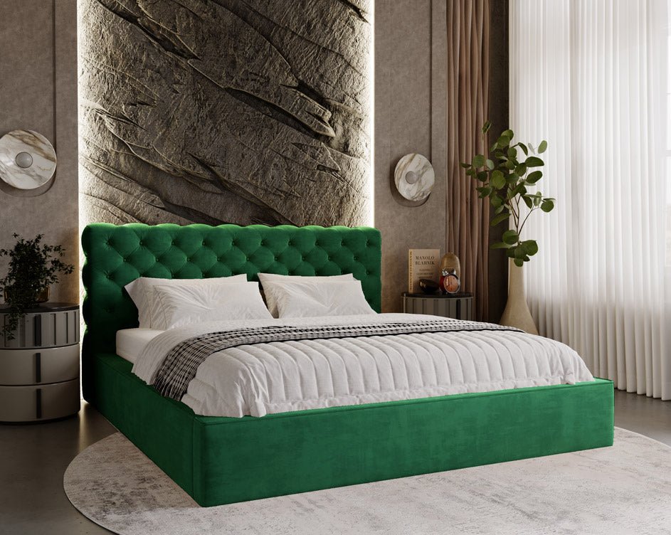 Designer upholstered bed Florentina in velvet with storage