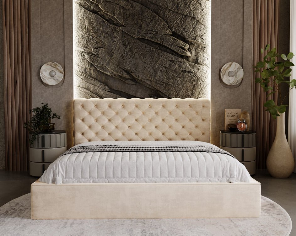 Designer upholstered bed Florentina in velvet with storage