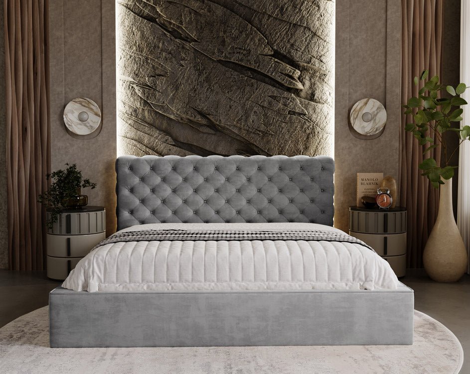 Designer upholstered bed Florentina in velvet with storage