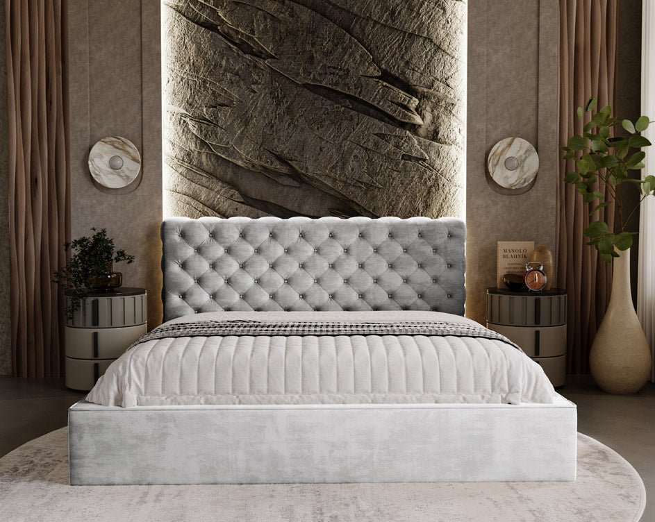 Designer upholstered bed Florentina in velvet with storage