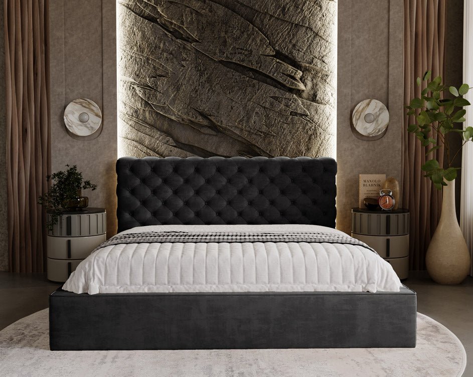 Designer upholstered bed Florentina in velvet with storage
