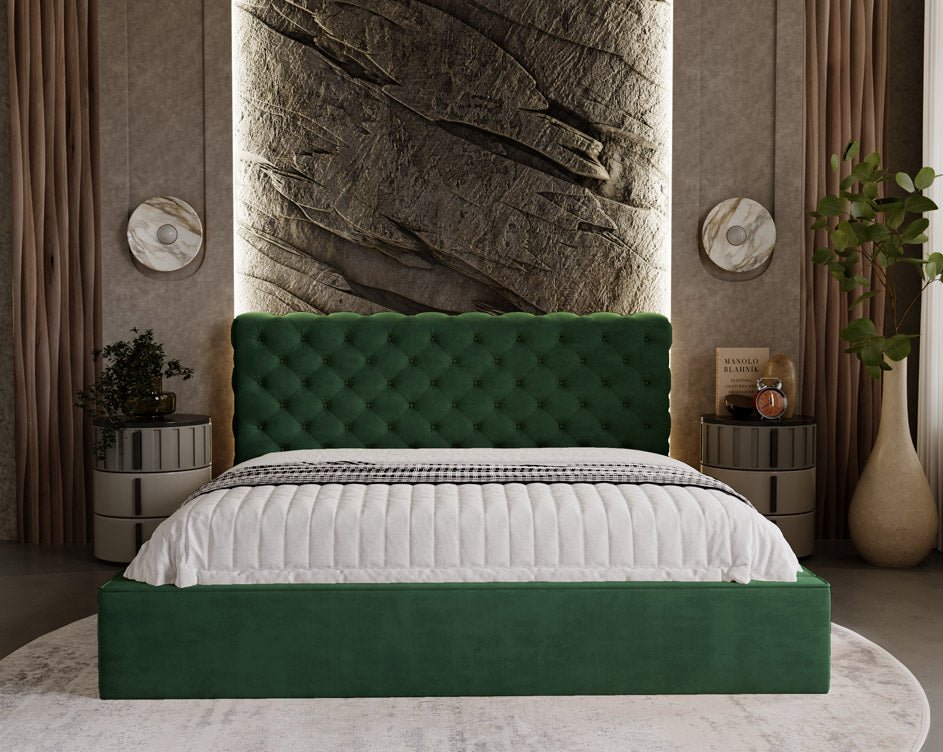 Designer upholstered bed Florentina in velvet with storage