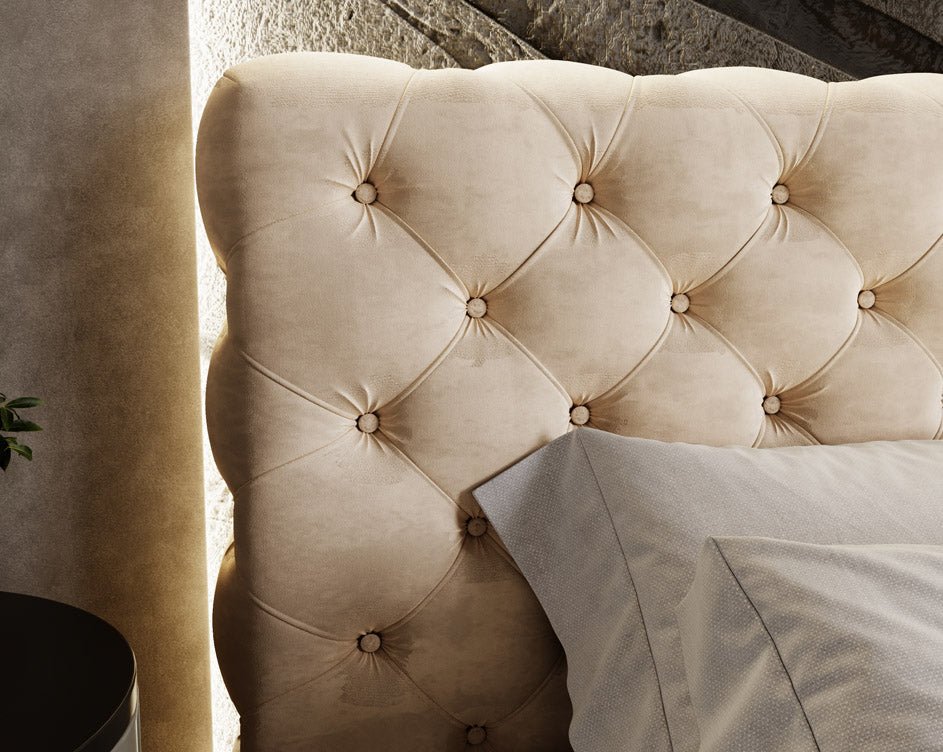 Designer upholstered bed Florentina in velvet with storage