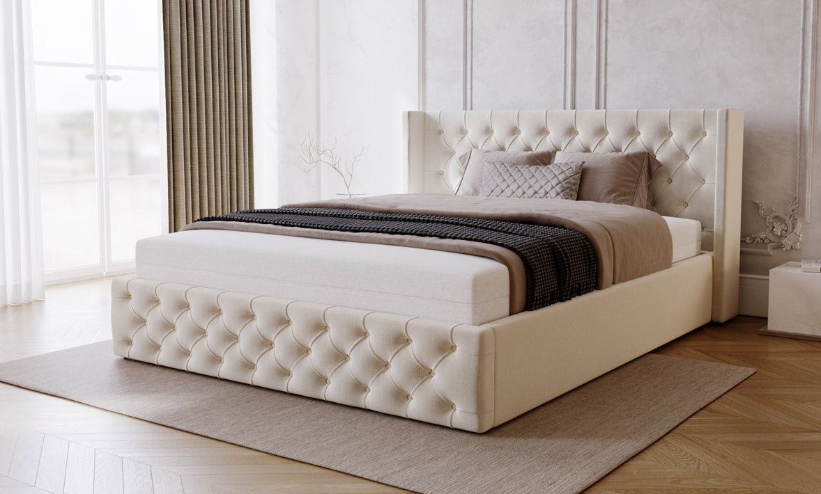 Designer upholstered bed Celestia in velvet with storage
